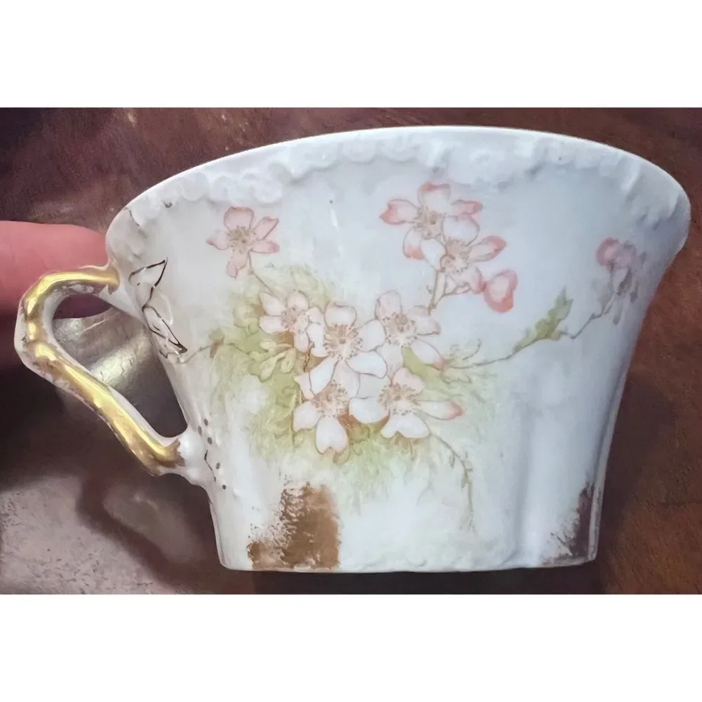 Porcelain Haviland Limoges France tea cup saucer pink green floral gold accent
